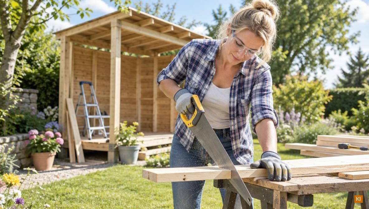 Frau mit blonden Haaren, Schutzbrille und Arbeitshandschuhen sägt im Garten eine helle Holzplatte für die Mähroboter-Garage zu