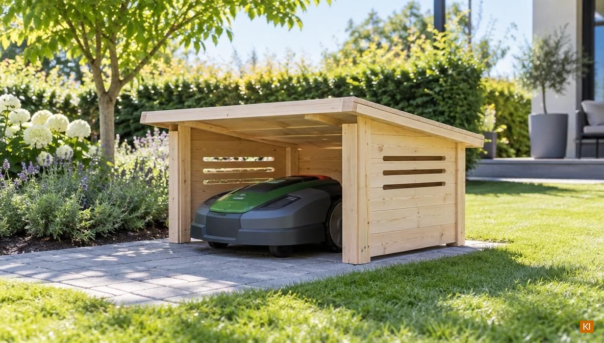 Kleine helle Holzgarage mit geneigtem Dach und Lüftungsschlitzen im Garten, darin steht ein Mähroboter