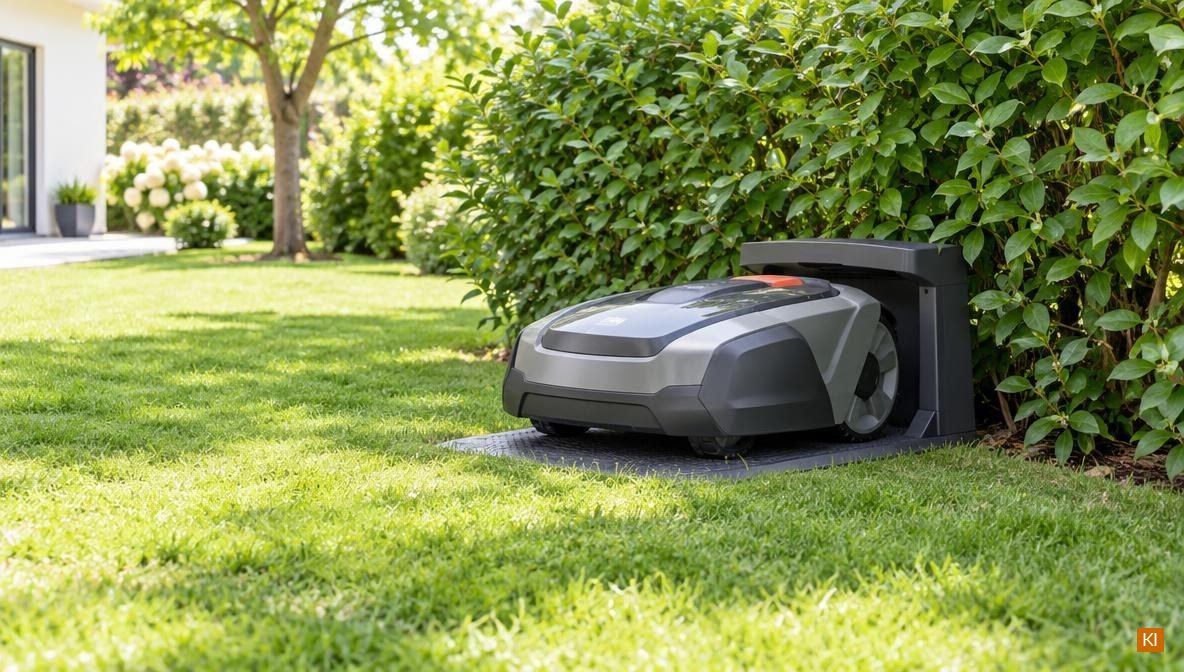 Mähroboter an seiner Ladestation auf ebenem Rasen im Halbschatten neben einer niedrigen Hecke