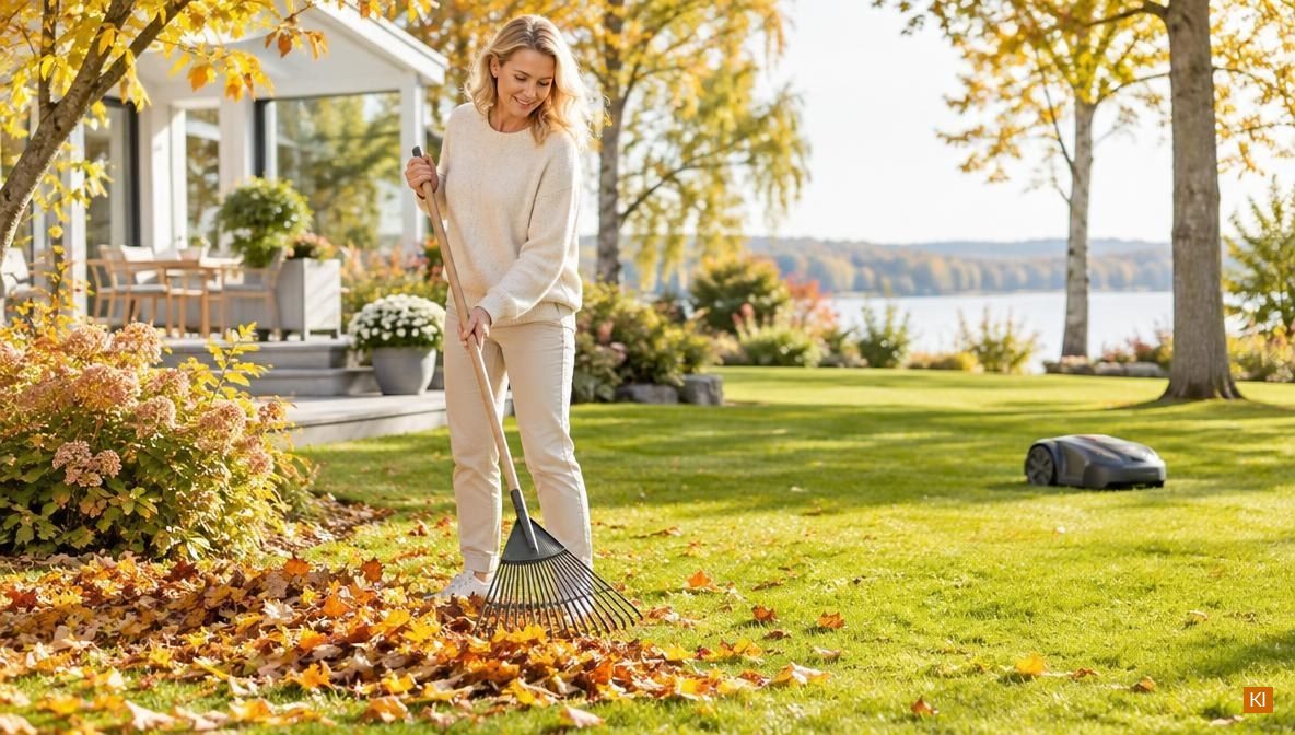 Herbstlaub wird mit dem Rechen vom Rasen geharkt, im Hintergrund wartet ein Mähroboter auf der Wiese