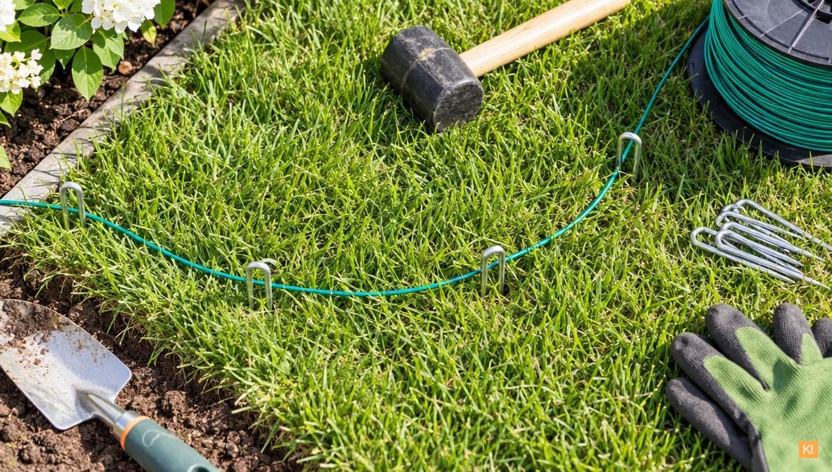 Mähroboter Kabel verlegen: Nahaufnahme Erdanker und Draht im Rasen