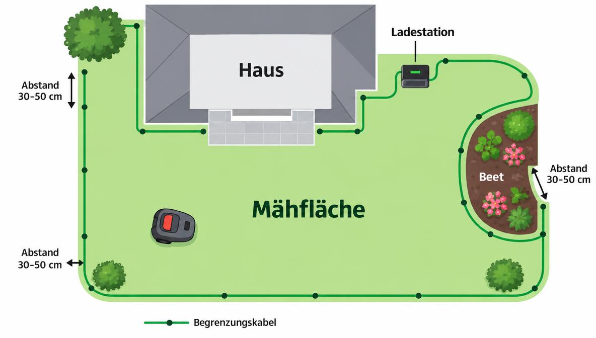 Infografik Begrenzungskabel verlegen: Gartenplan mit Mähfläche, Ladestation und Kabelführung