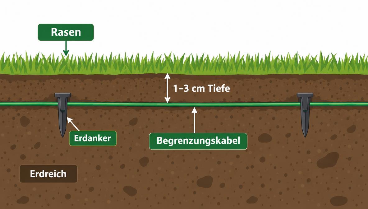Infografik Begrenzungsdraht Verlegetiefe: Querschnitt Rasen mit Erdanker und Kabeltiefe