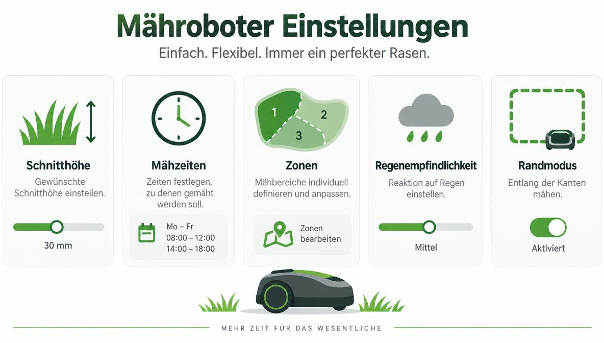 Infografik: Die wichtigsten Mähroboter Einstellungen im Überblick
