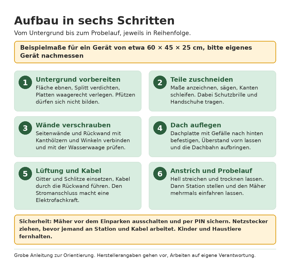 Aufbau der Mähroboter-Garage in sechs Schritten: Untergrund vorbereiten, Teile zuschneiden, Wände verschrauben, Dach auflegen, Lüftung und Kabel, Anstrich und Probelauf, dazu ein Sicherheitshinweis Hinweis im Bild: Beispielmaße für ein Gerät von etwa 60 × 45 × 25 cm, bitte eigenes Gerät nachmessen.