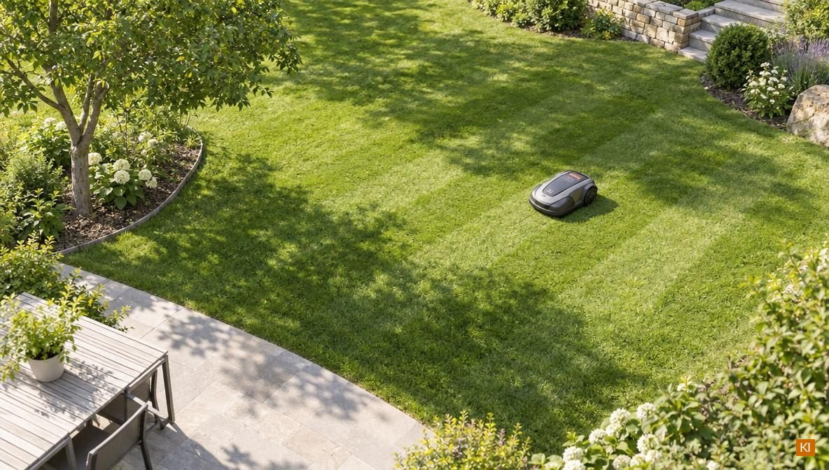 Mähroboter mäht in Streifen einen leicht geneigten Rasen von oben gesehen