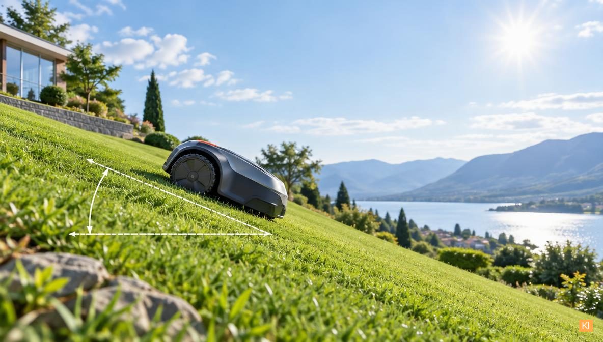 Mähroboter auf einem abschüssigen Gartengrundstück, Hangneigung im Überblick