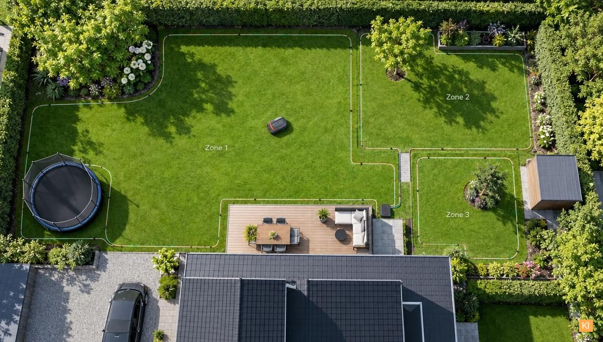 Kabel für Rasenroboter verlegen: Draufsicht auf Garten mit Mähzonenplanung