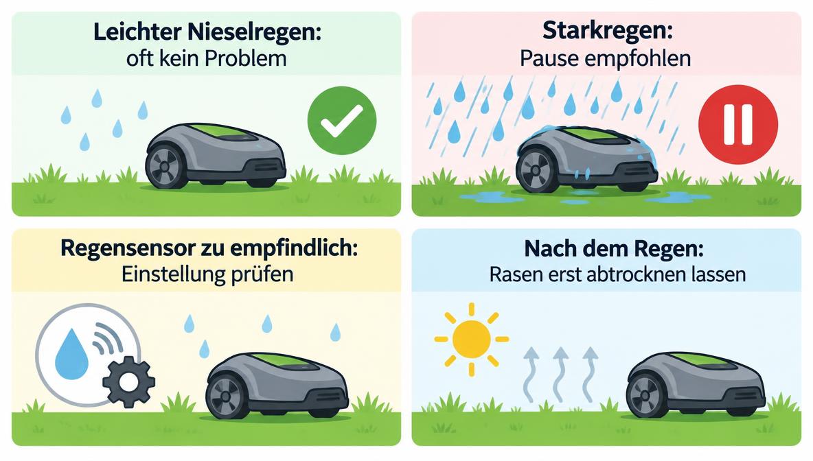 Infografik: Mähroboter bei Regen – wann fahren, wann pausieren