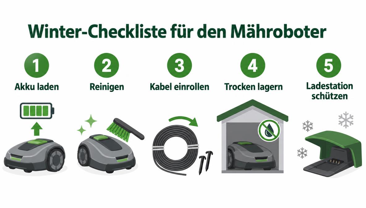 Infografik: Checkliste Mähroboter überwintern in 5 Schritten