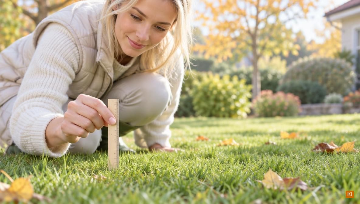 Lineal im Rasen misst die Halmhöhe im Herbst, um das Ende der Mähsaison des Mähroboters einzuschätzen
