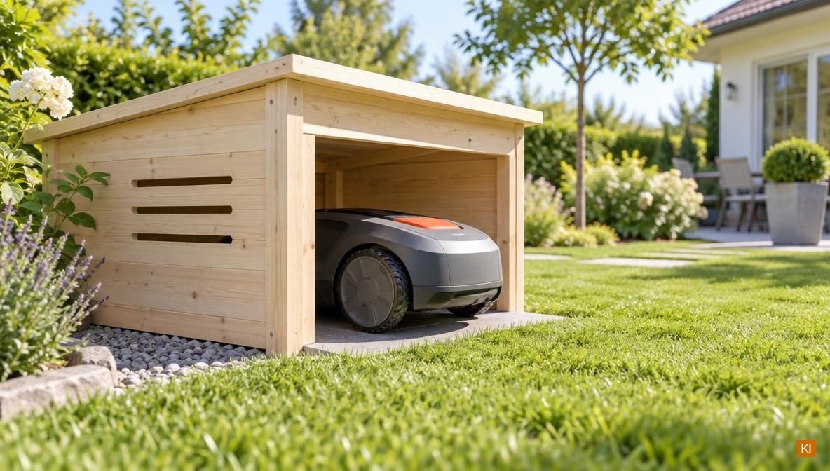 Selbstgebaute helle Holzgarage mit geneigtem Dach und Lüftungsschlitzen in der Seitenwand, in die ein Mähroboter einfährt